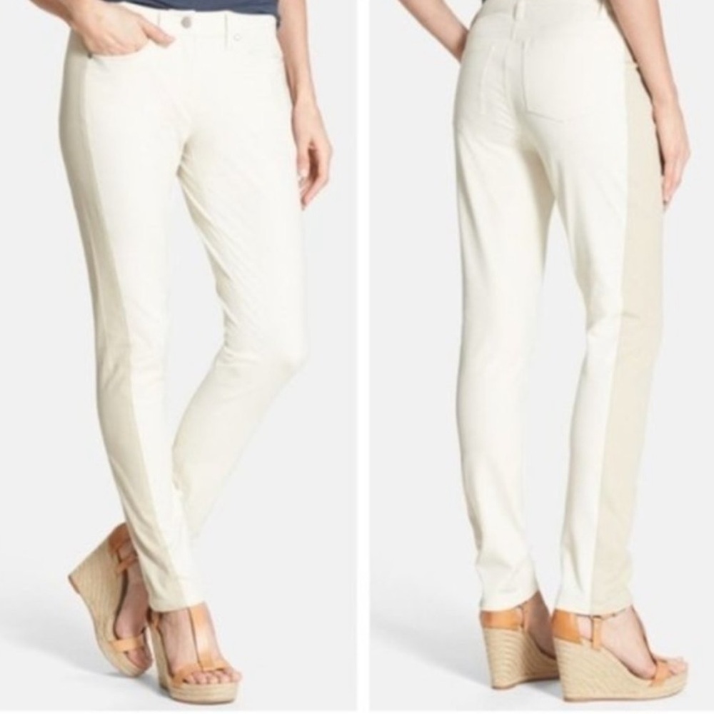Eileen Fisher Color Block Side Stripe Bone Cream Tan Pants Cotton Coastal Clean